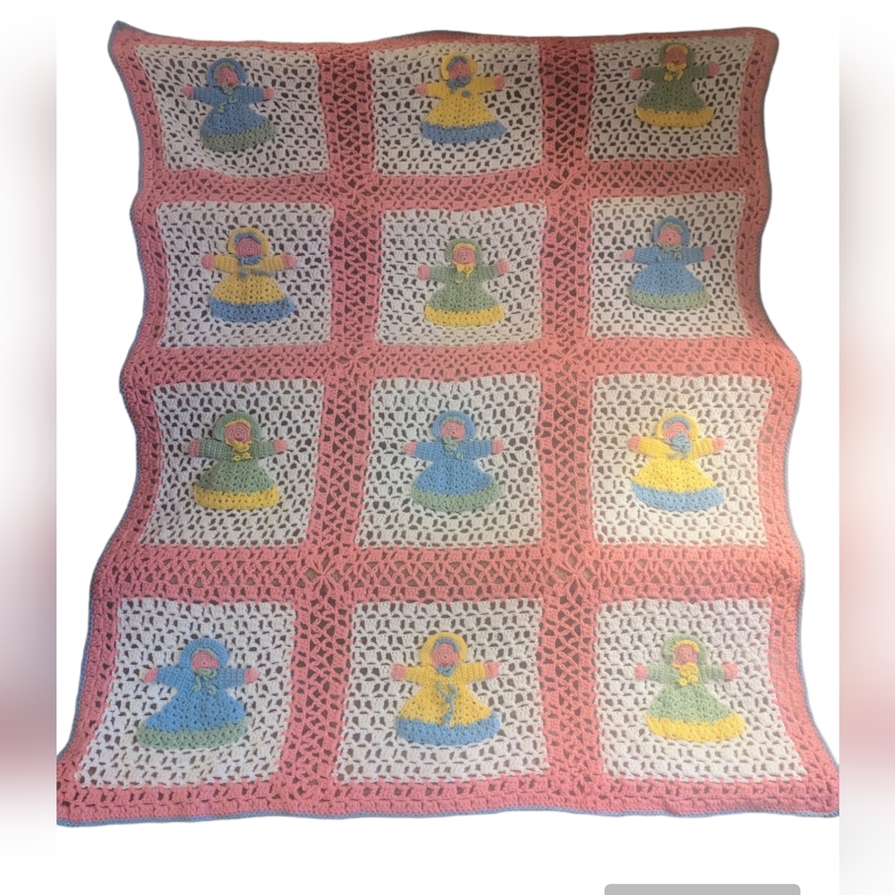 Vintage Tapestry Inc NY Crocheted Block Afghan Throw W/Girls Dolls Design 60x72